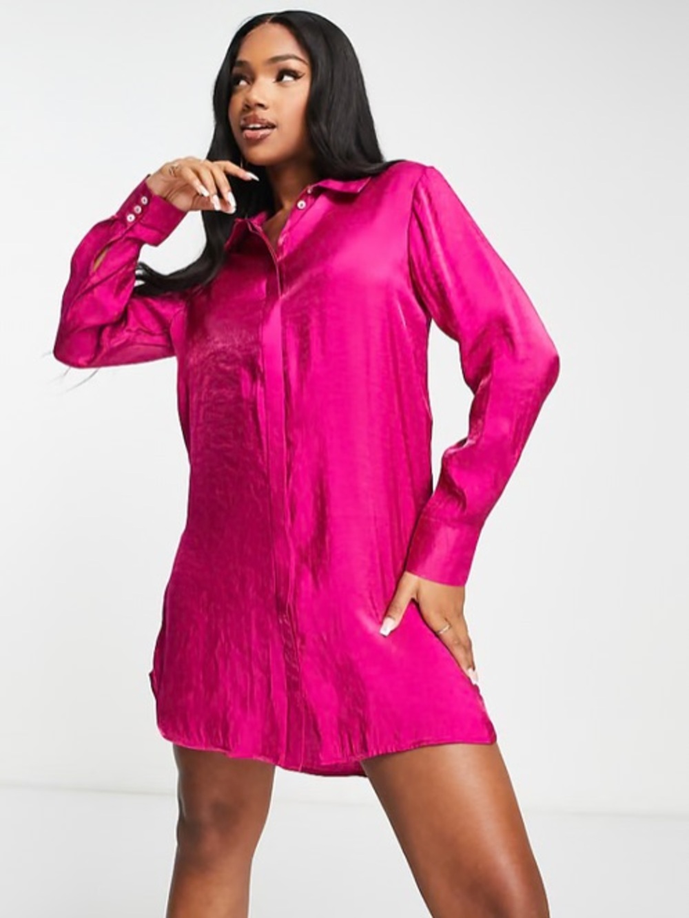 Satin Mini Shirt Dress - Pink